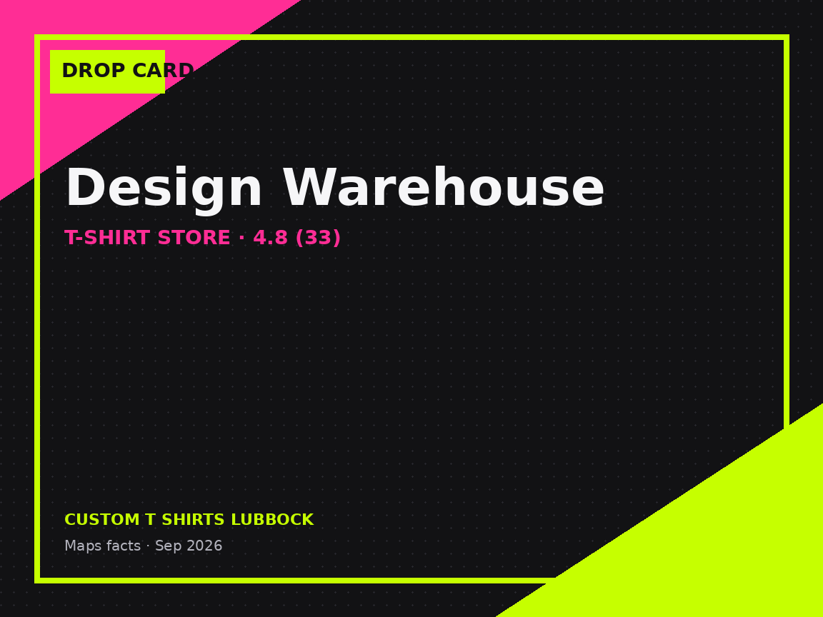 Design Warehouse merch-catalog card for the shop's public Google Business listing