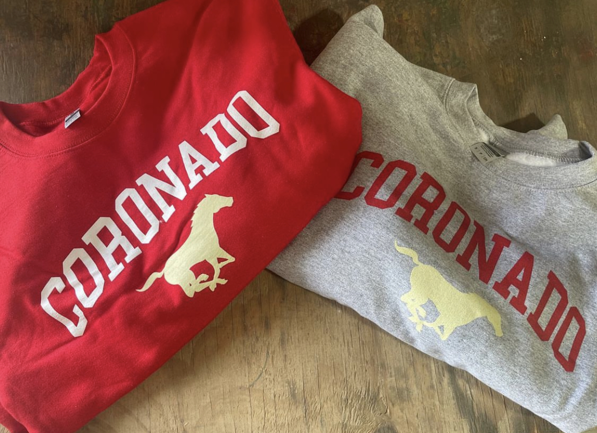 Red and grey Coronado Mustangs tees from the Good Idea Shirts Google Business listing